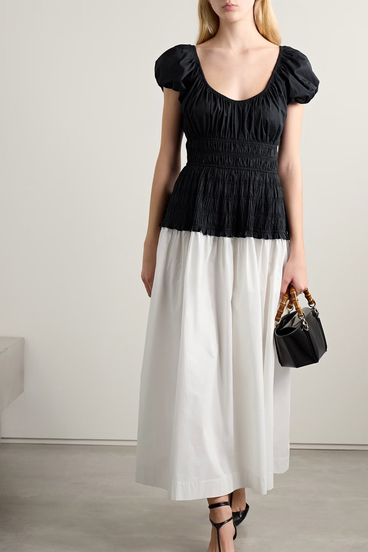 Enya Two-Tone Ruched Organic Cotton-Poplin Midi Dress