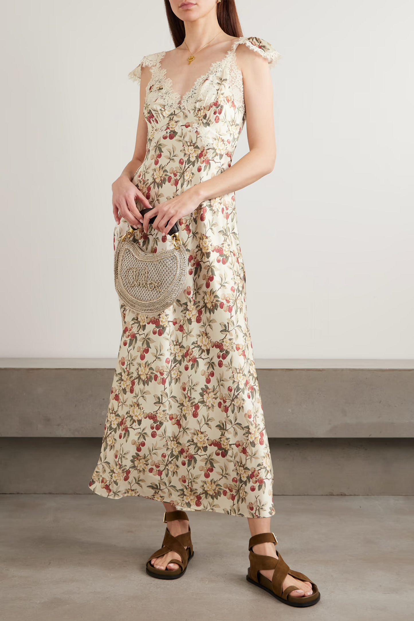Fiona Lace-trimmed Floral-print Silk-satin Midi Dress