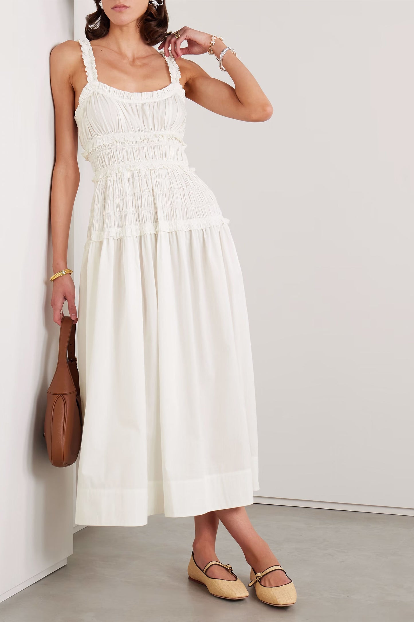 Marianne Shirred Organic Cotton-Poplin Midi Dress