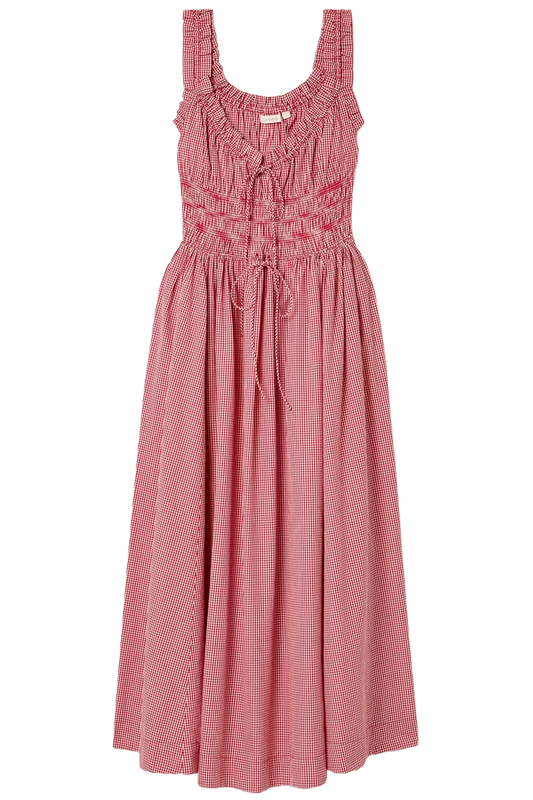 Red Emmaretta Tie-detailed Shirred Gingham Organic Cotton-voile Midi Dress