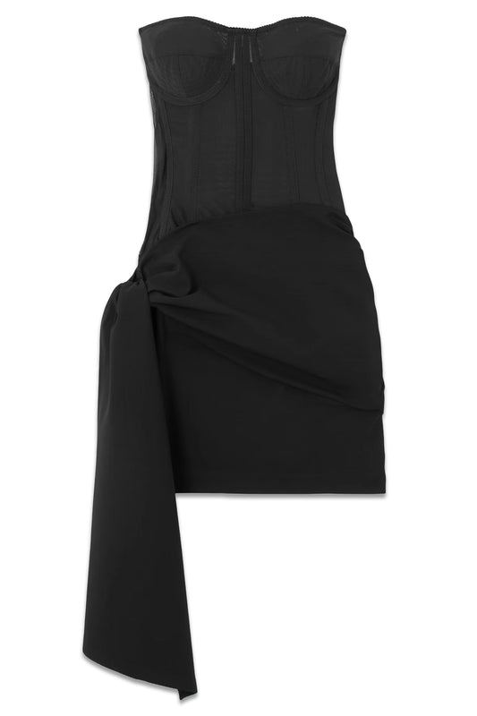 Strapless Paneled Tulle and Draped Jersey Mini Dress
