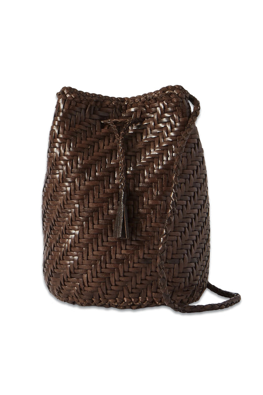 Pom Pom Double Jump Woven Leather Bucket Bag