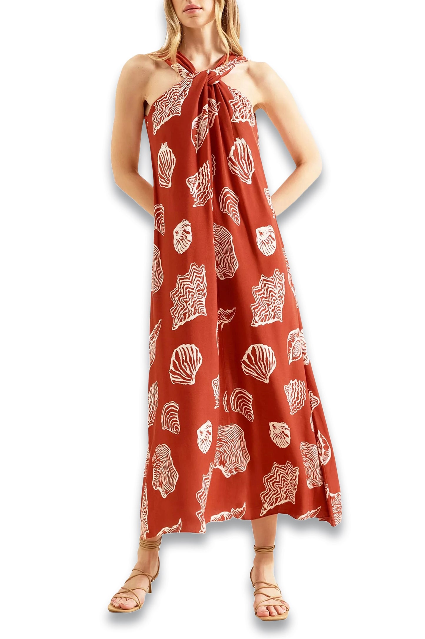 Seashell-Print Halterneck Woven Maxi Dress