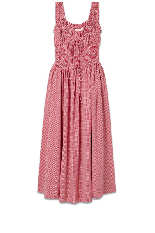 Emmaretta tie-detailed shirred gingham organic cotton-voile midi dress