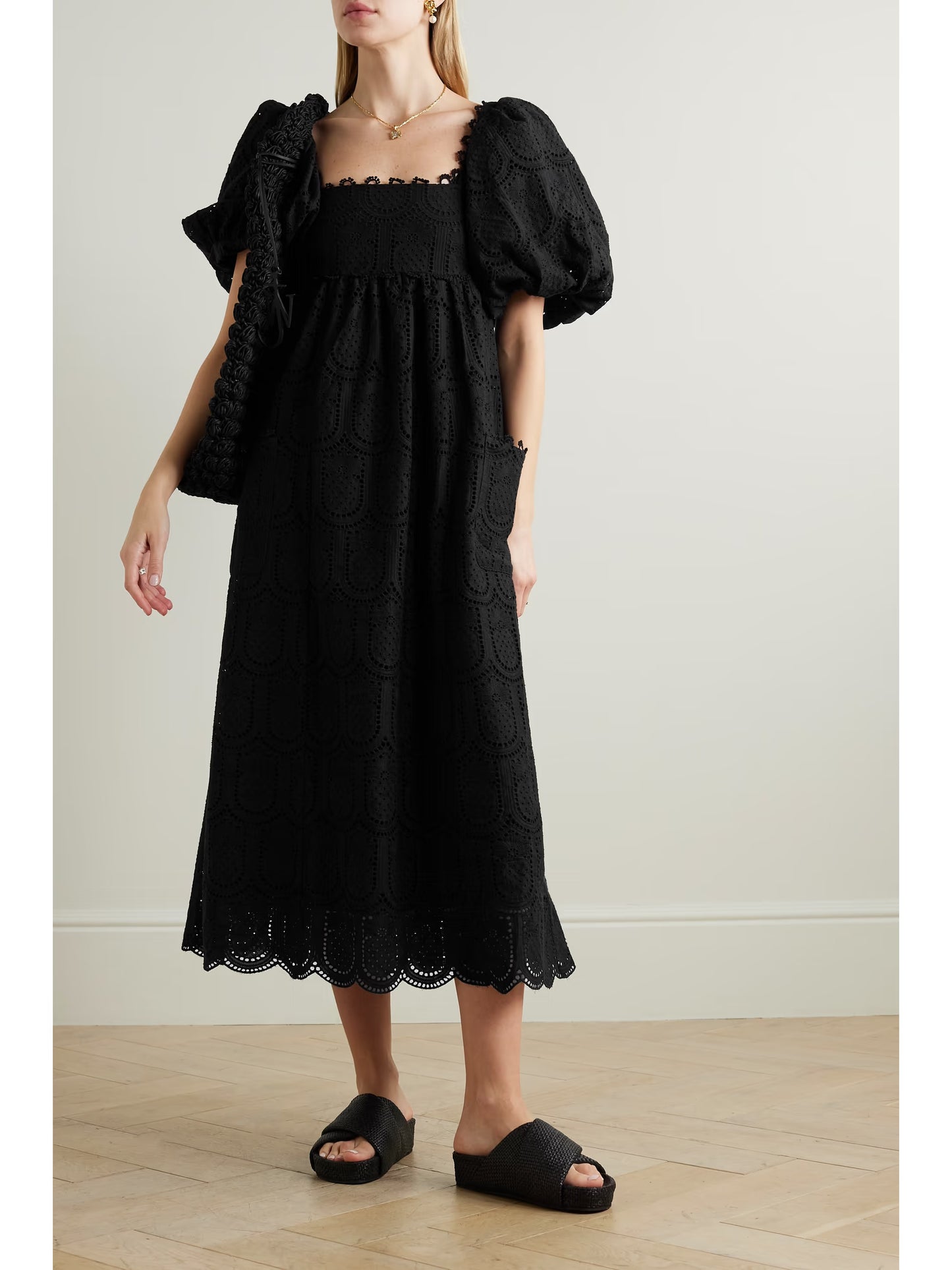 Pineapple Lace-trimmed Smocked Broderie Anglaise Cotton Maxi Dress
