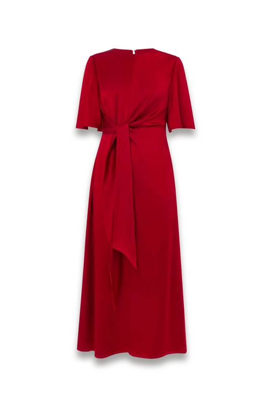 Red Satin Twist Waist Midi Dress