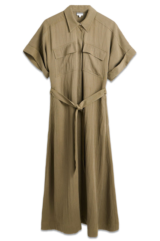 Khaki Green Utility Midi Shirt Dress