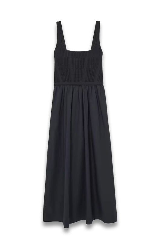 Perforated-Knit Cotton-Skirt Midi Dress in Navy