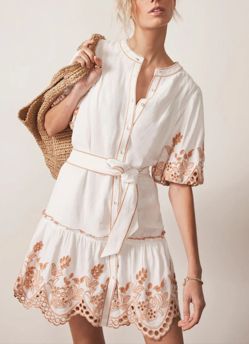White Linen Blend Broderie Mini Dress