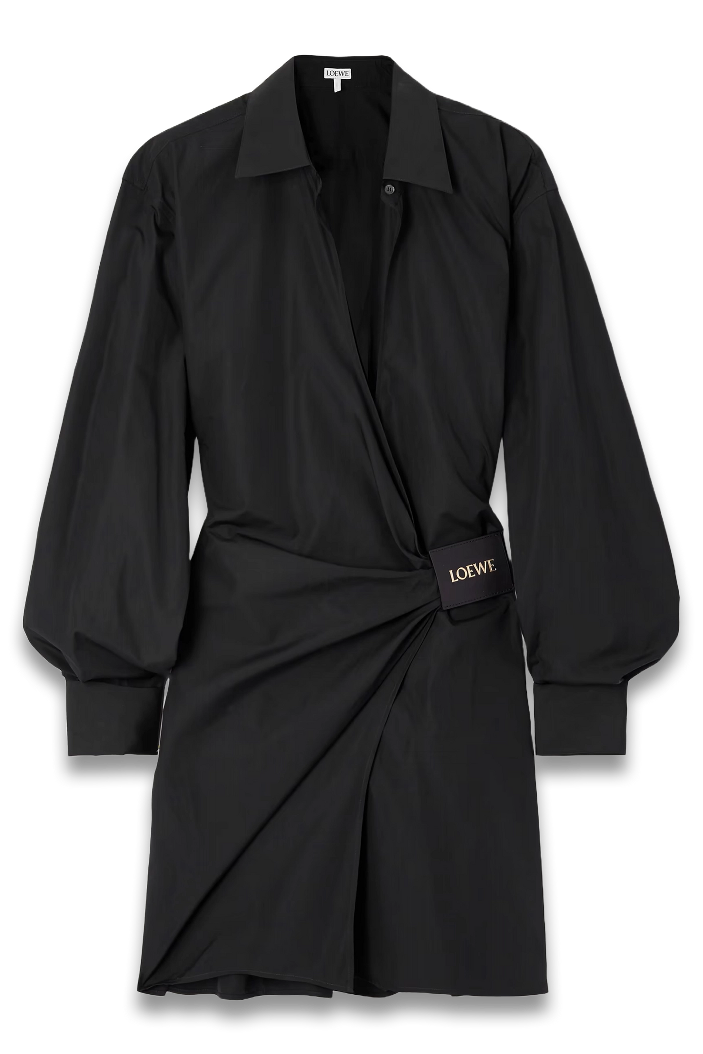 Wrap-Effect Leather-Trimmed Draped Cotton-Poplin Mini Shirt Dress