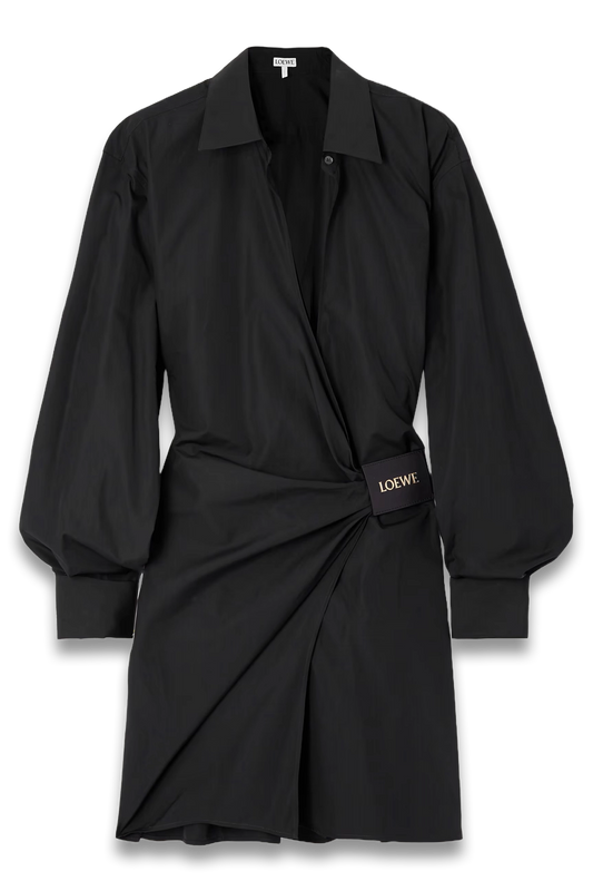 Wrap-Effect Leather-Trimmed Draped Cotton-Poplin Mini Shirt Dress