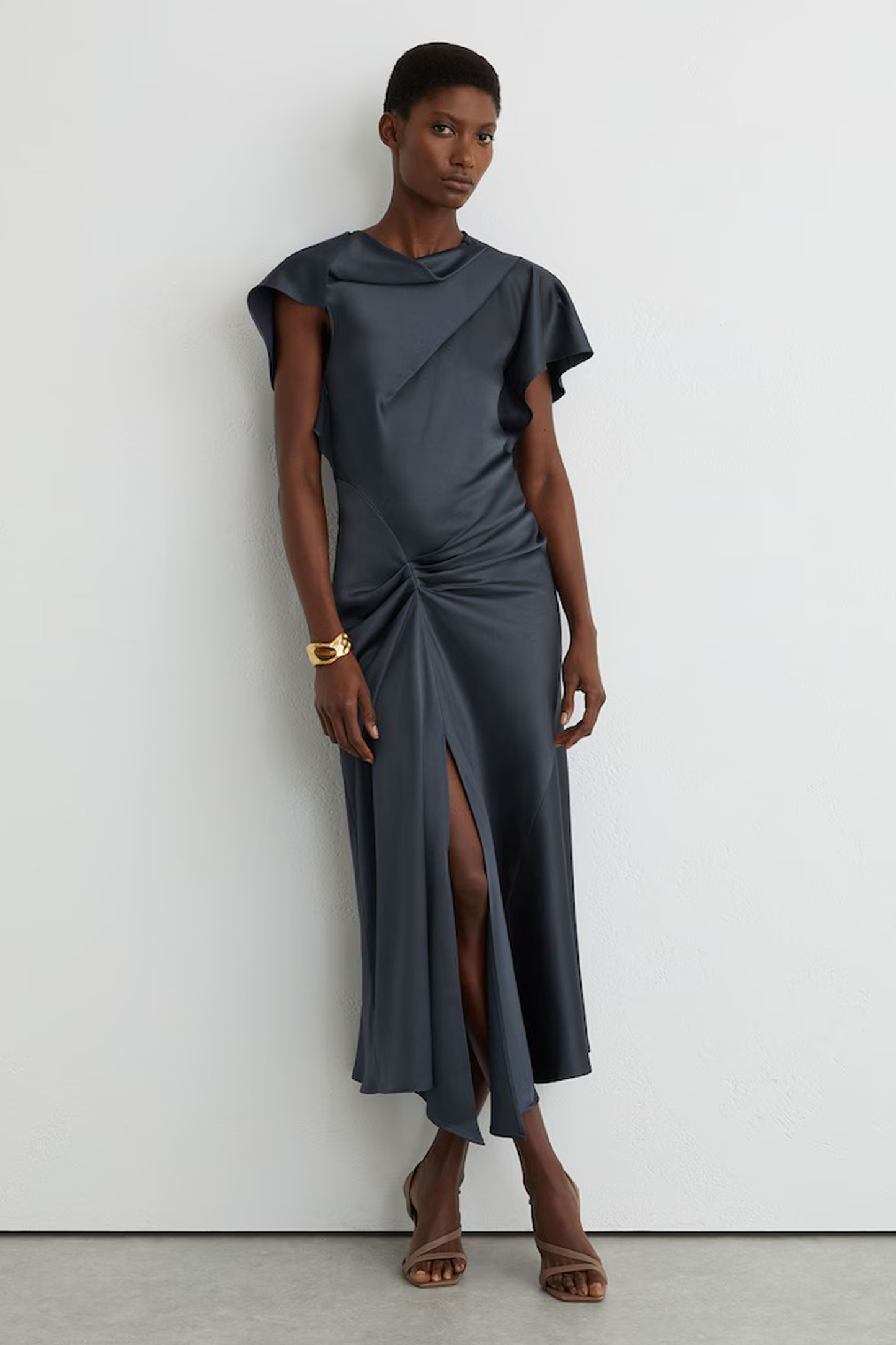 Satin Drape-Detail Midi Dress in Slate Grey