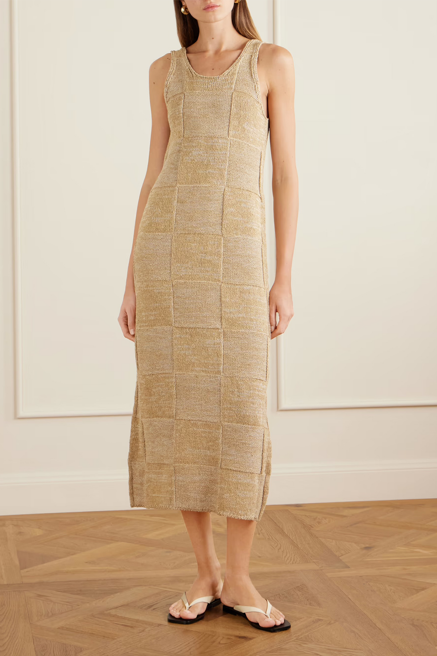 Paneled Cotton and Linen-blend Knitted Midi Dress