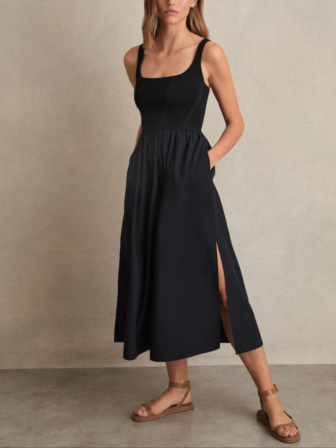 Perforated-Knit Cotton-Skirt Midi Dress in Navy