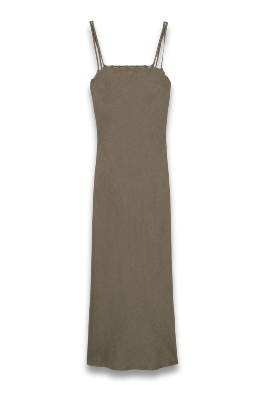 Linen Double-Strap Slip Dress In Khaki