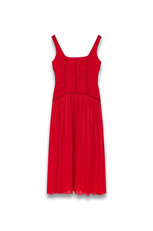 Red Shirred-bodice Dress