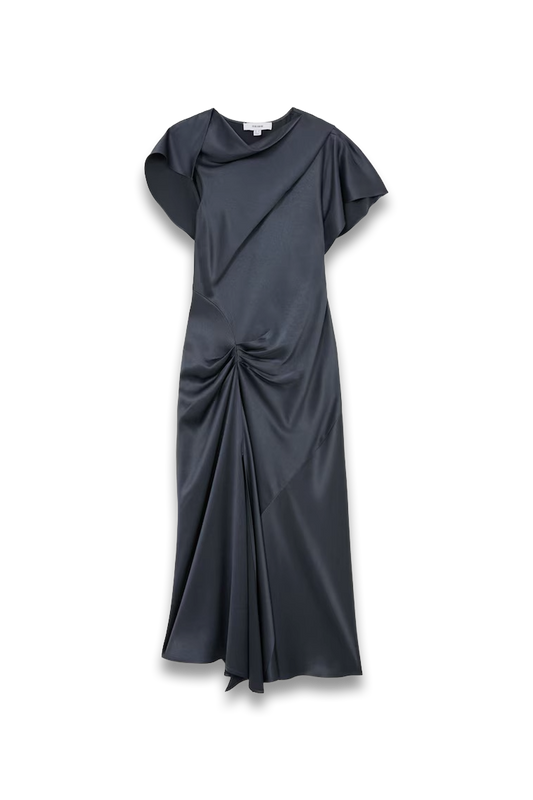 Satin Drape-Detail Midi Dress in Slate Grey