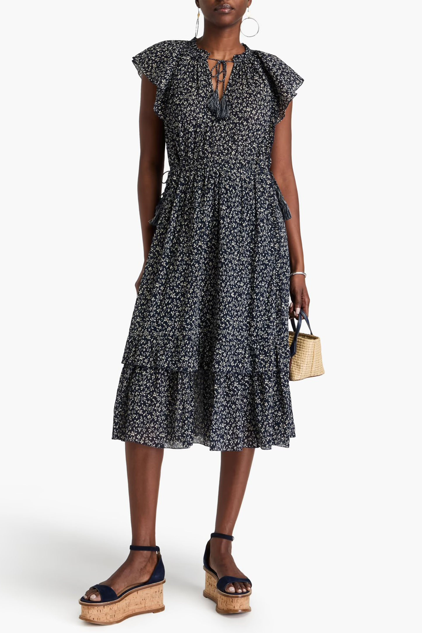 Anja Ruffled Floral-Print Cotton-Crepon Midi Dress