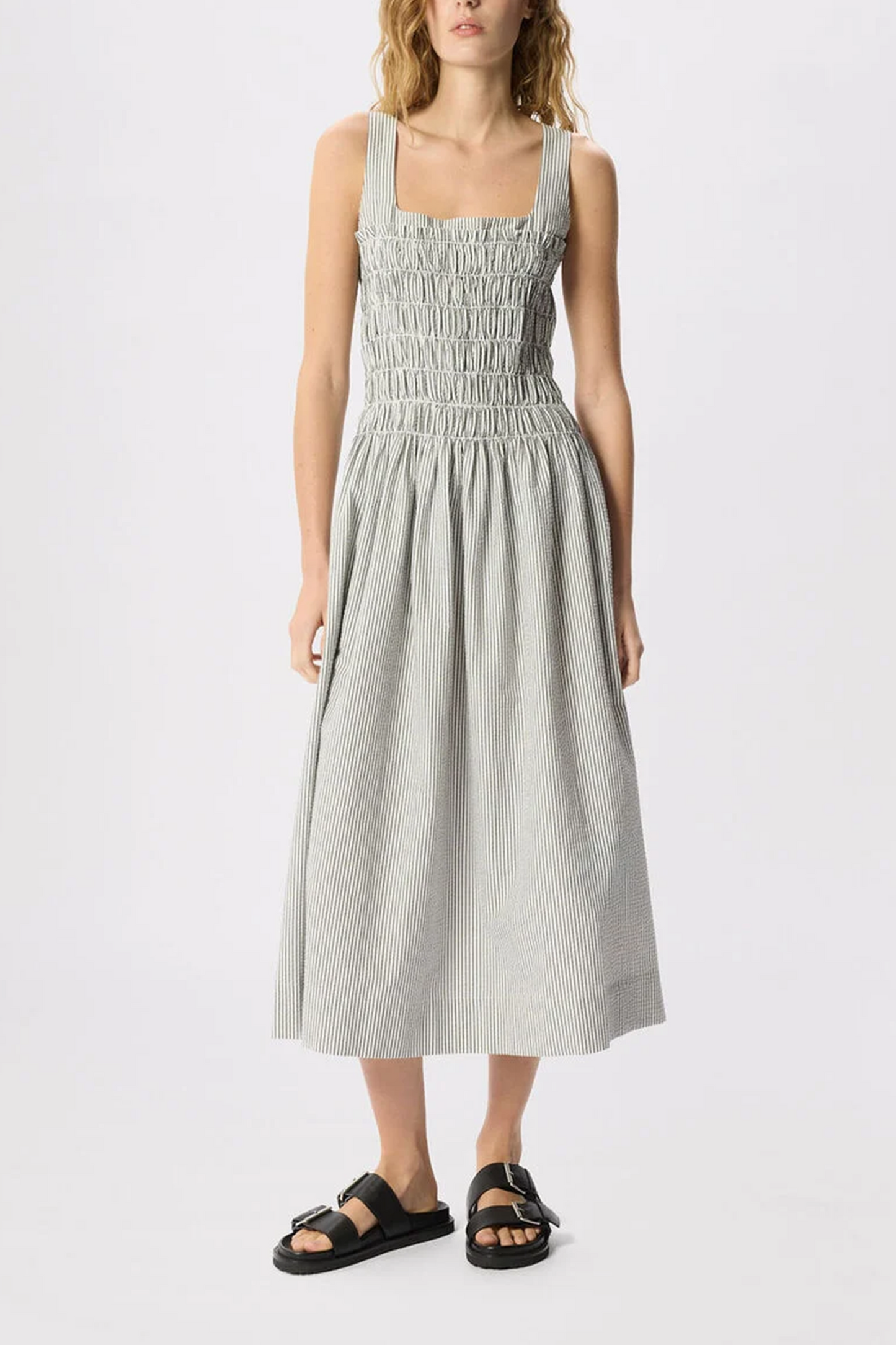 White Seersucker Ruched Bodice Dress