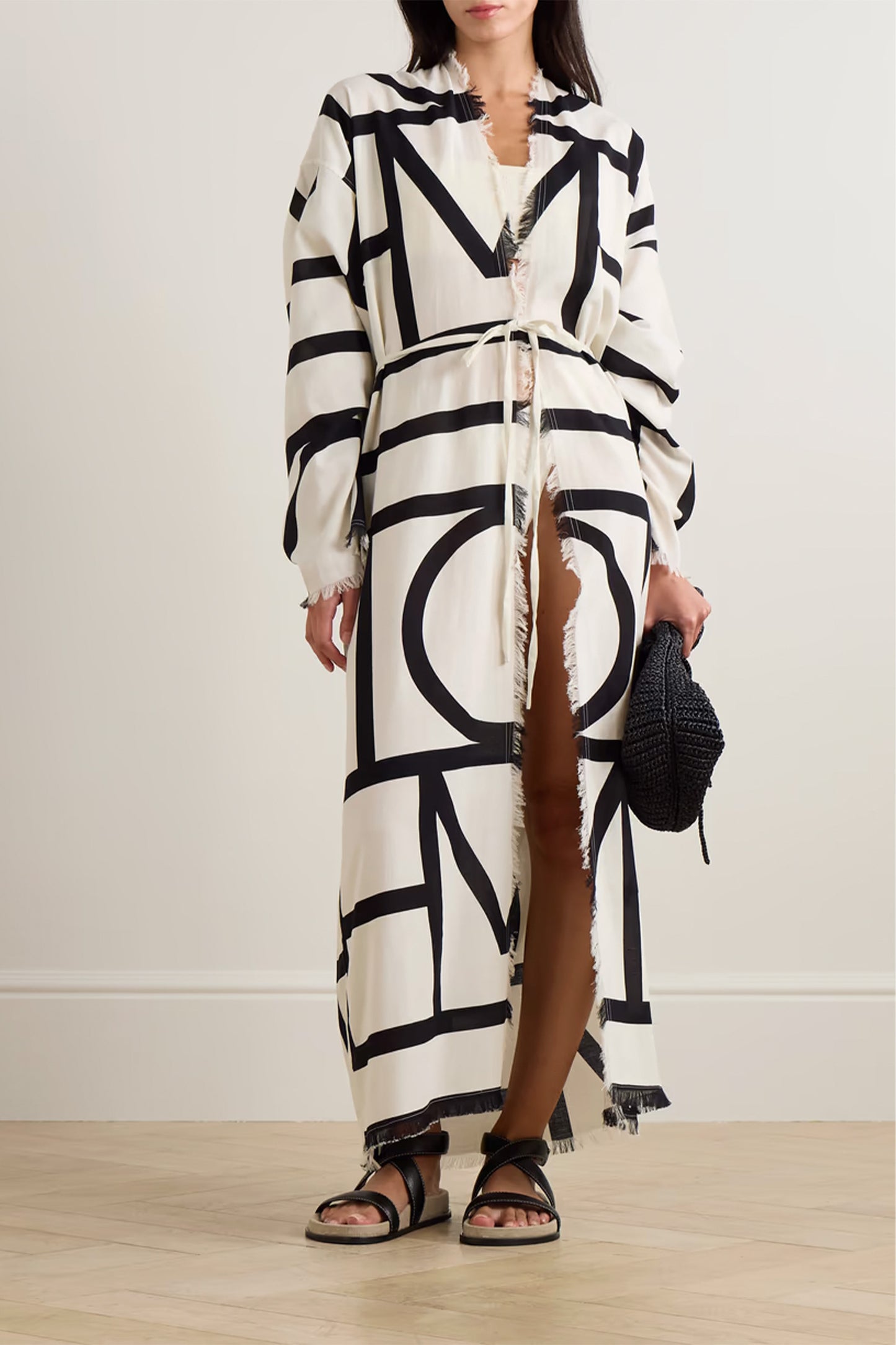 Belted frayed printed organic cotton wrap dress
