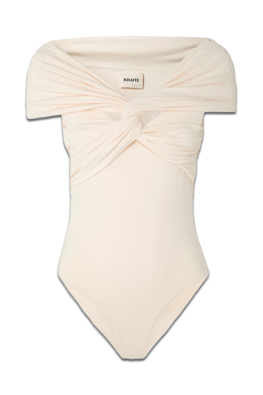Cerise Off-the-shoulder Knotted Jersey Bodysuit