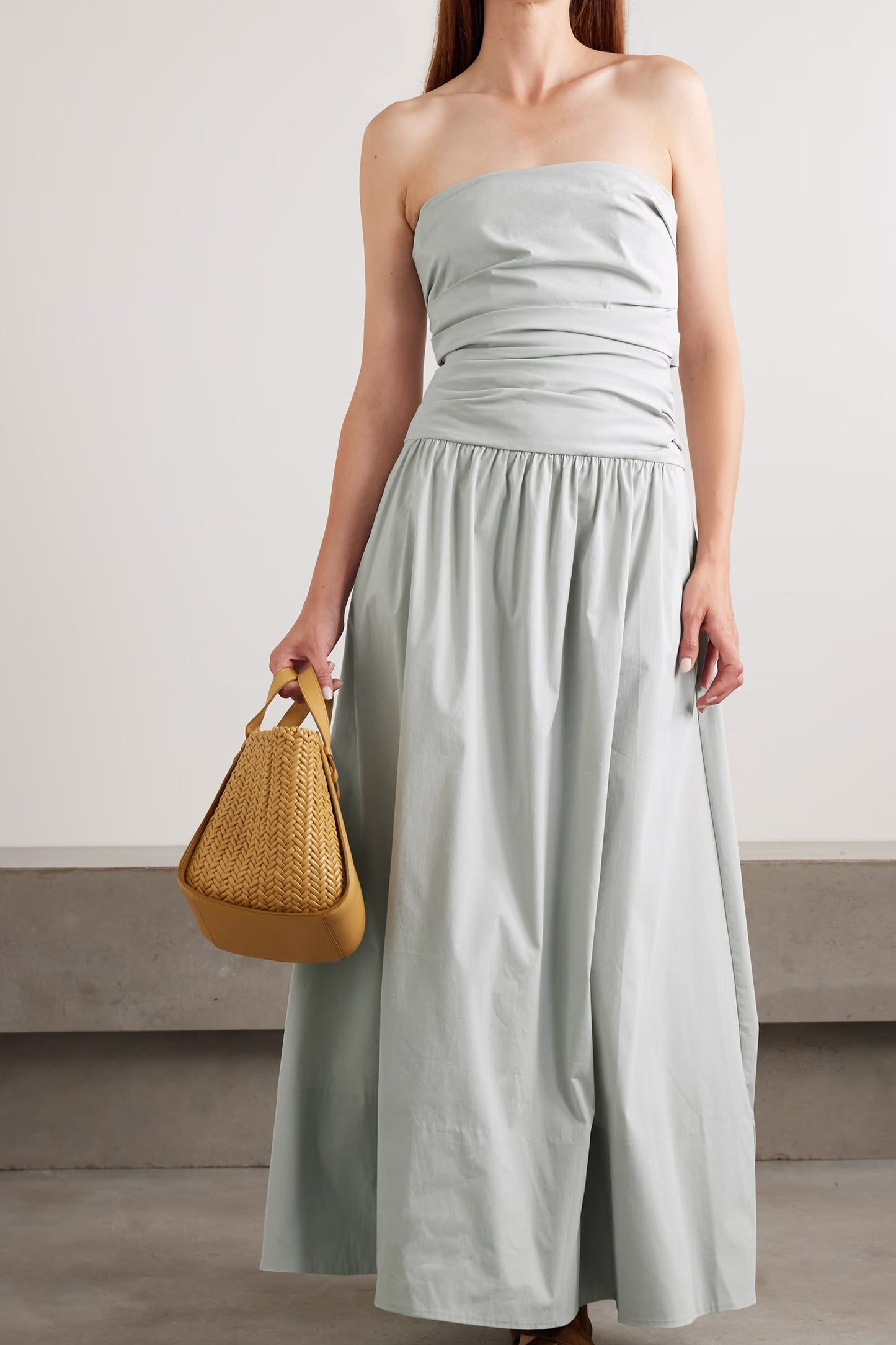 Strapless Tie-Back Crinkled Cotton-Blend Maxi Dress in Silver