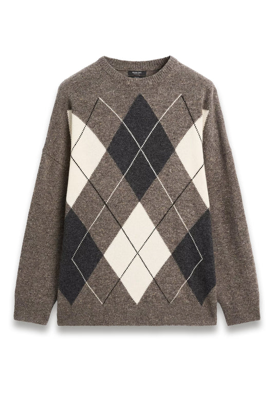 Oversize Knit 100% Wool Argyle Sweater