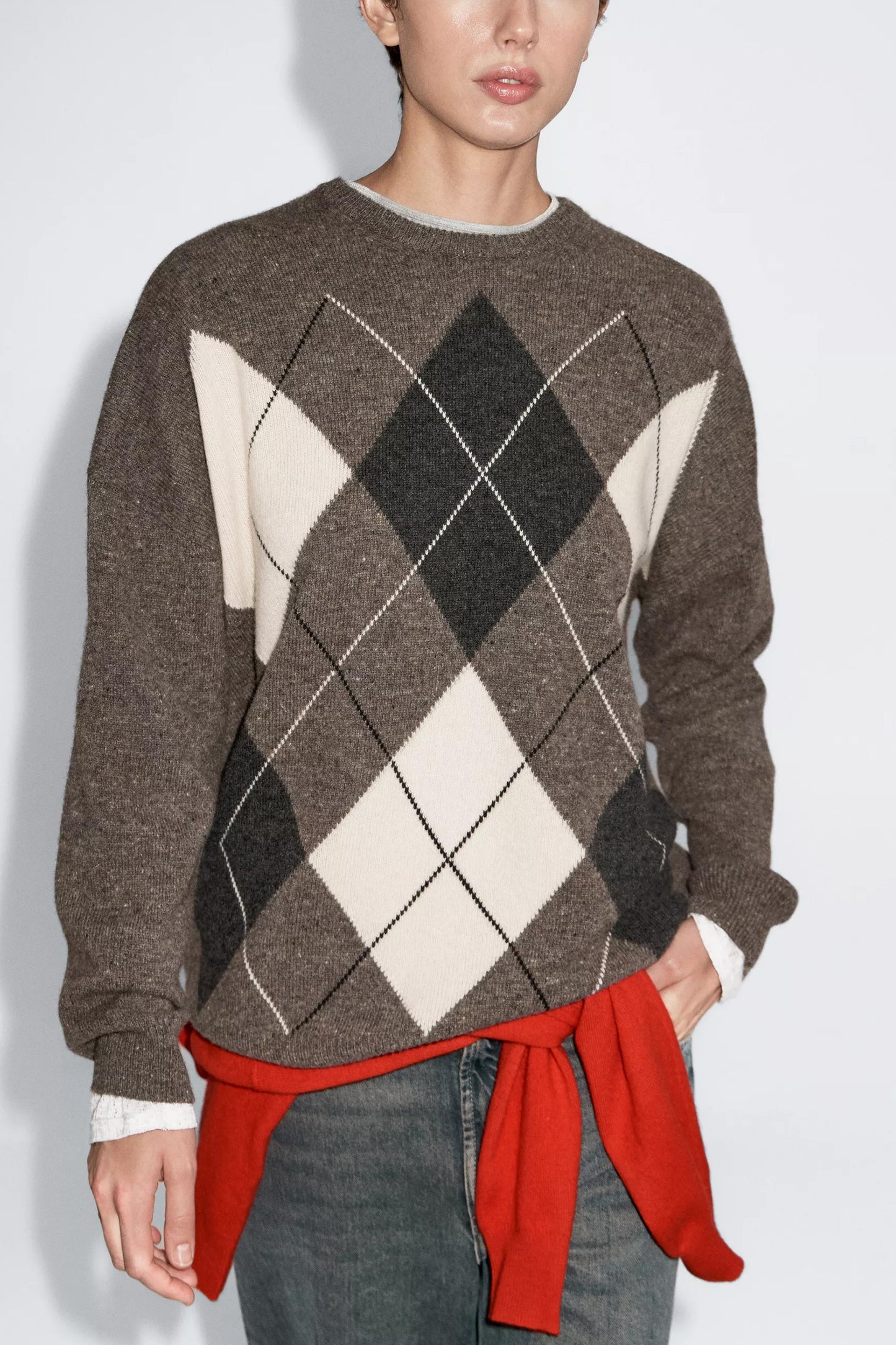 Oversize Knit 100% Wool Argyle Sweater