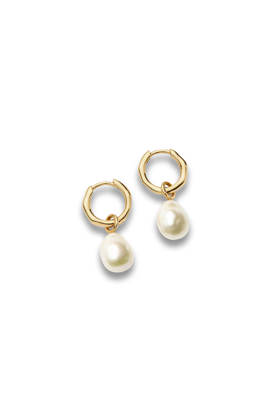 14ct Yellow Gold Pearl Charm Hoop Earrings