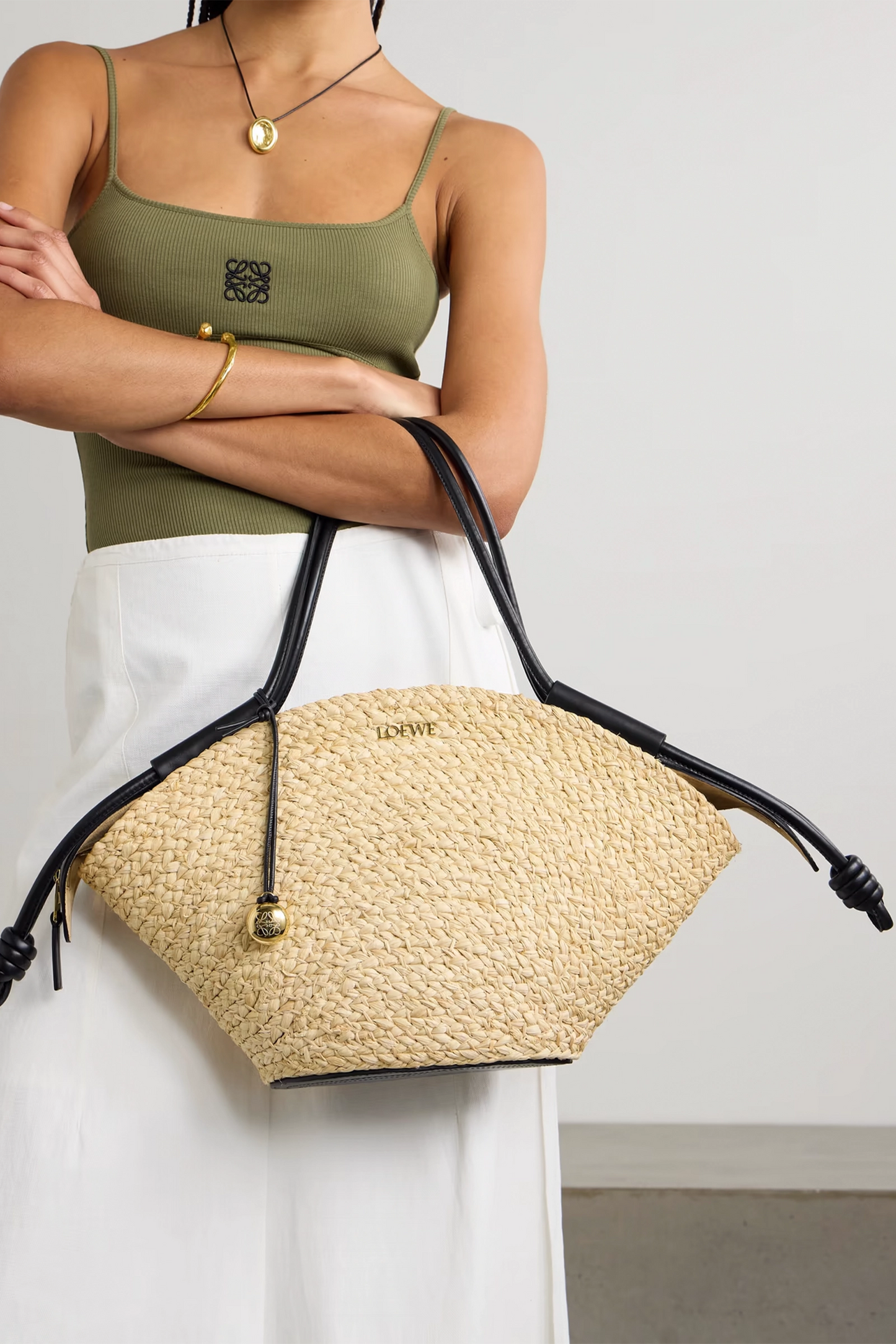 Paseo Small Leather-Trimmed Raffia Tote