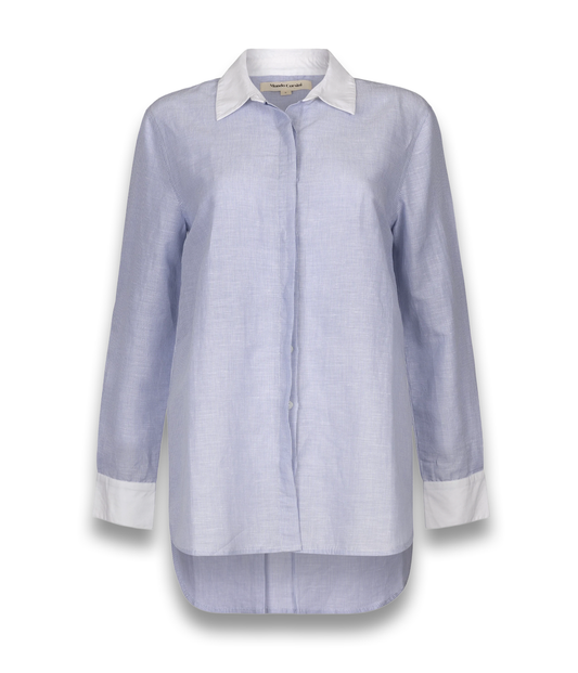 Yves- Blue Aand White Pinstripe Linen Weave Shirt