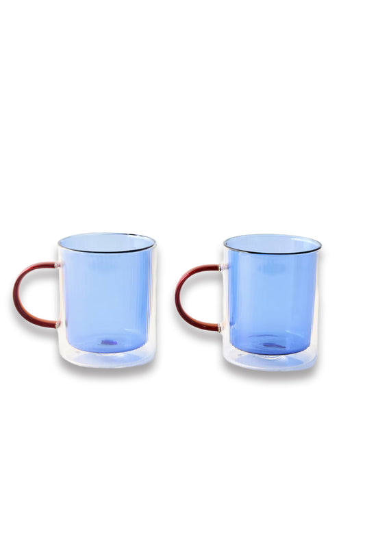 Ribbed Blue Glass Mugs Set of Two