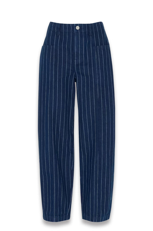 Navy Pinstripe Barrel Leg Jean