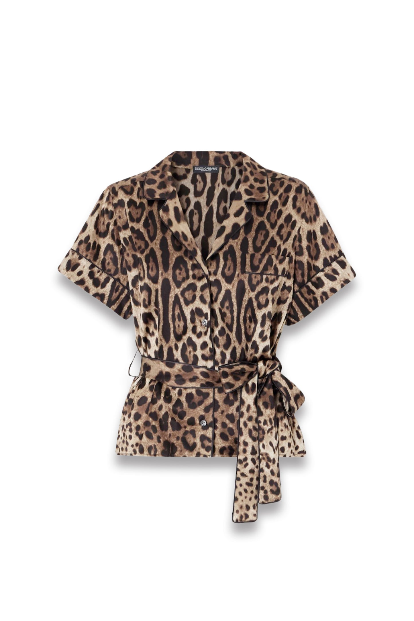 Belted Piped Leopard Print Silk-blend Satin Shirt
