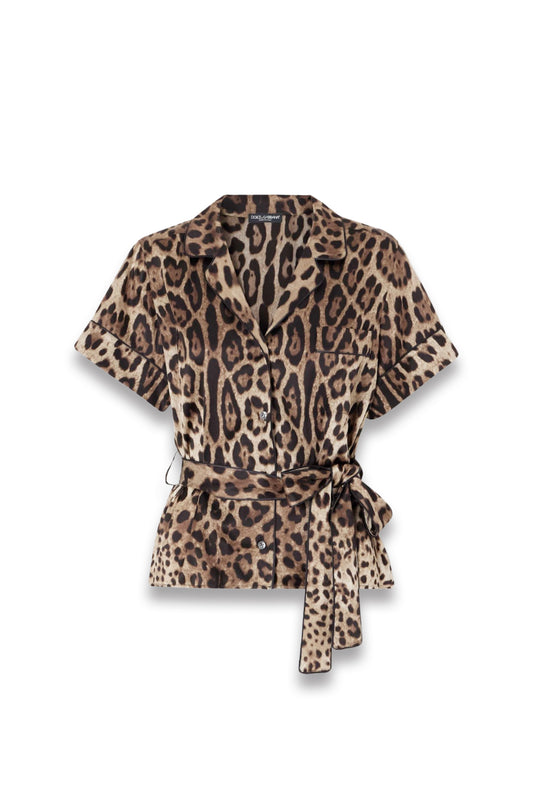 Belted Piped Leopard Print Silk-blend Satin Shirt