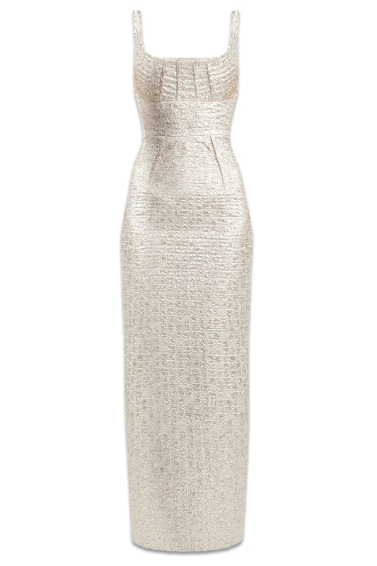 Sharon Dress In Champagne Metallic Seersucker