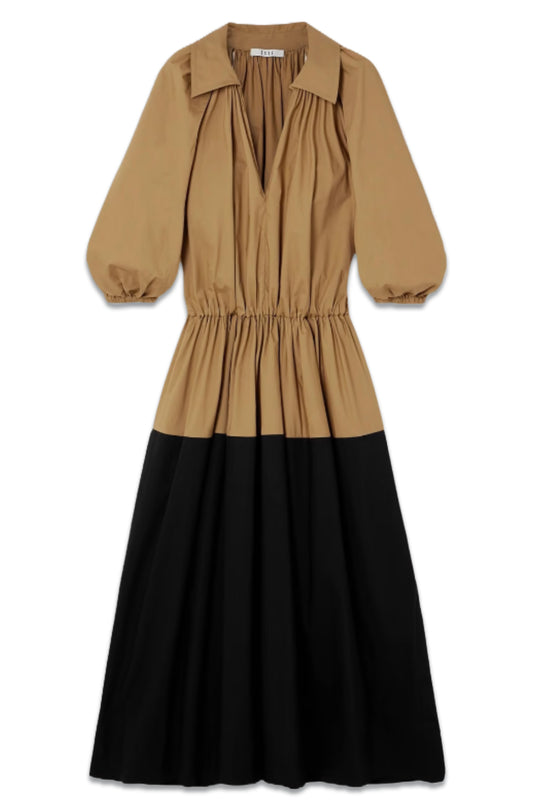 Collected Gathered Two-Tone Cotton-Poplin Maxi Dress