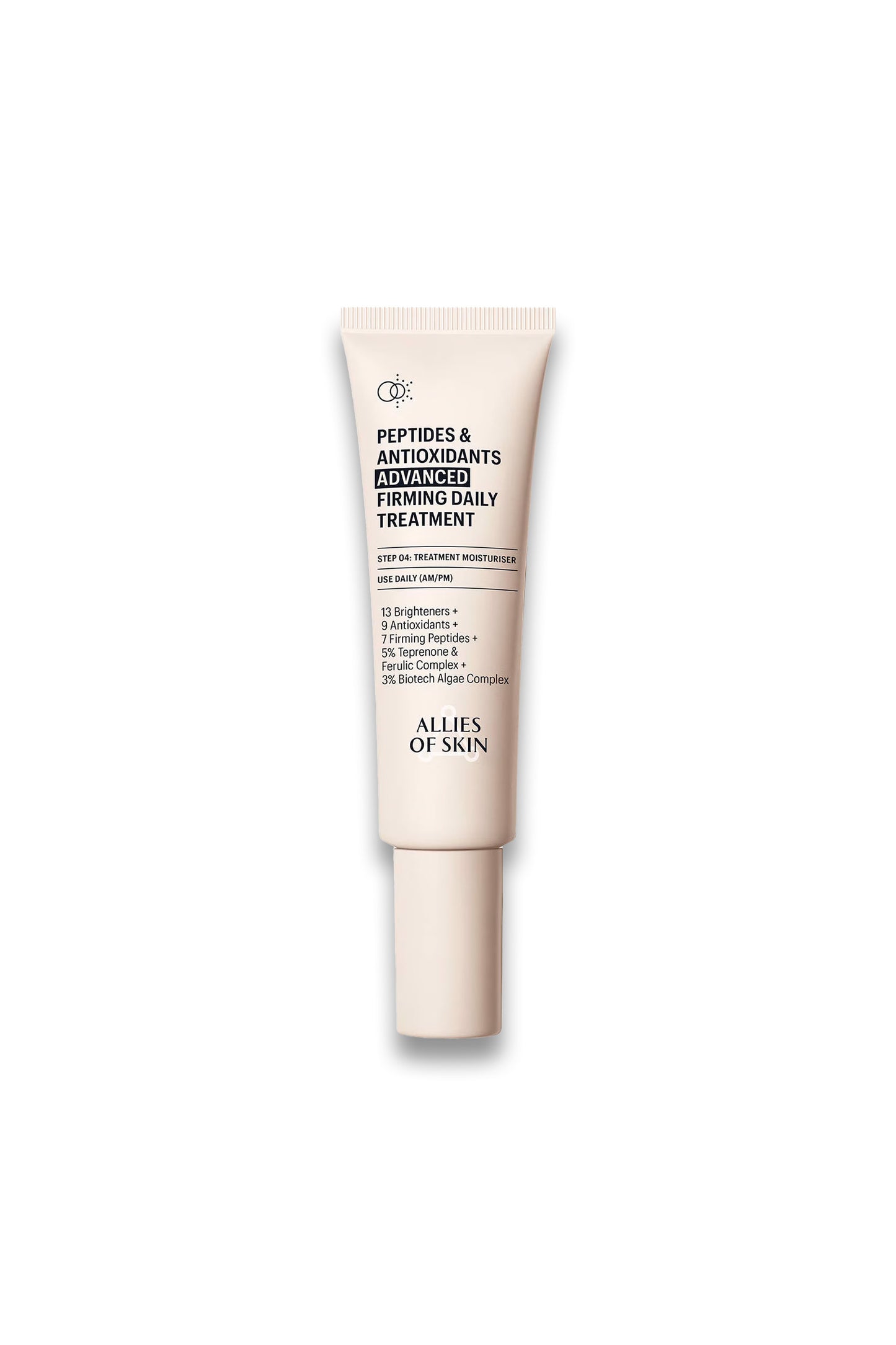 A beige tube of Allies of Skin Peptides & Antioxidants Firming Daily Treatment against a white background.


