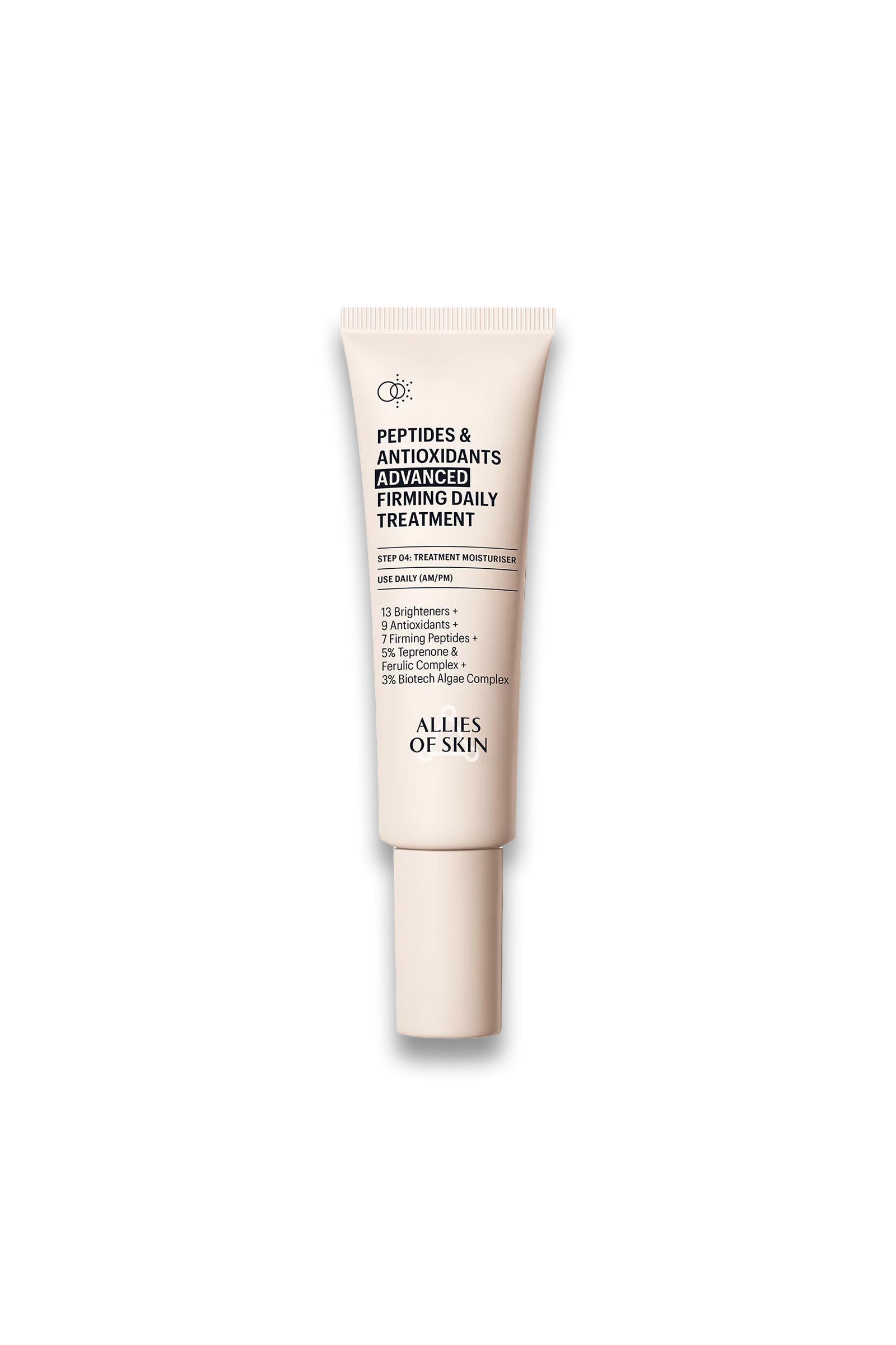 A beige tube of Allies of Skin Peptides & Antioxidants Firming Daily Treatment against a white background.

