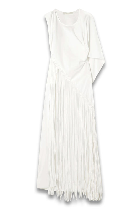Maceio Asymmetric Braided Fringed Cotton-jersey Dress