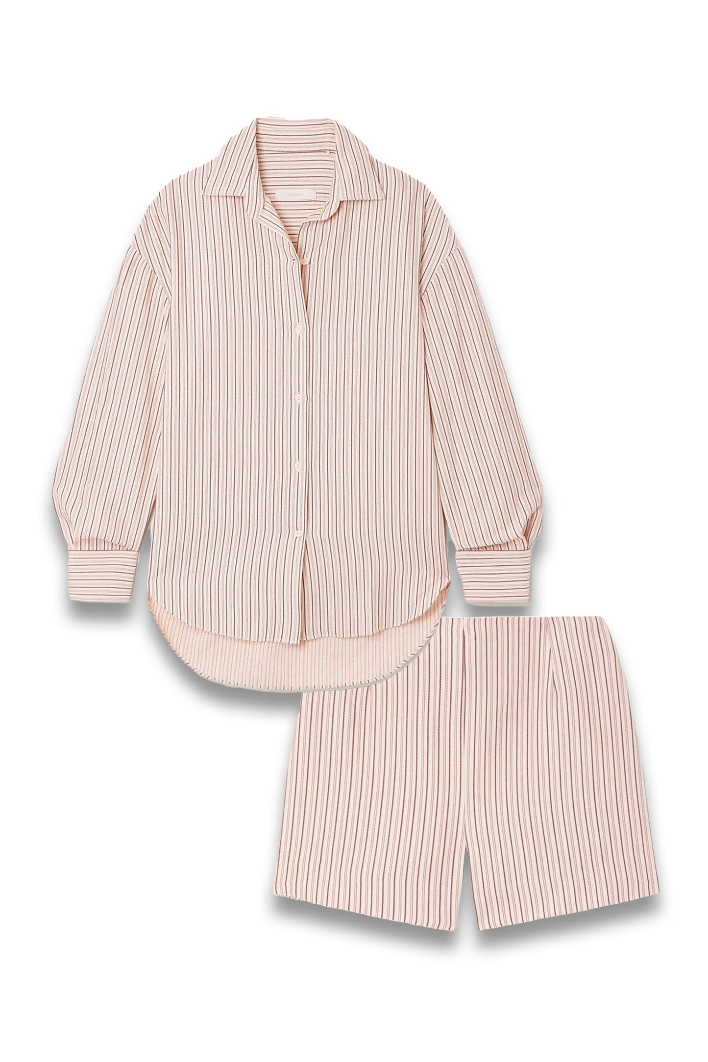 Pink striped shirt and shorts set on a white background