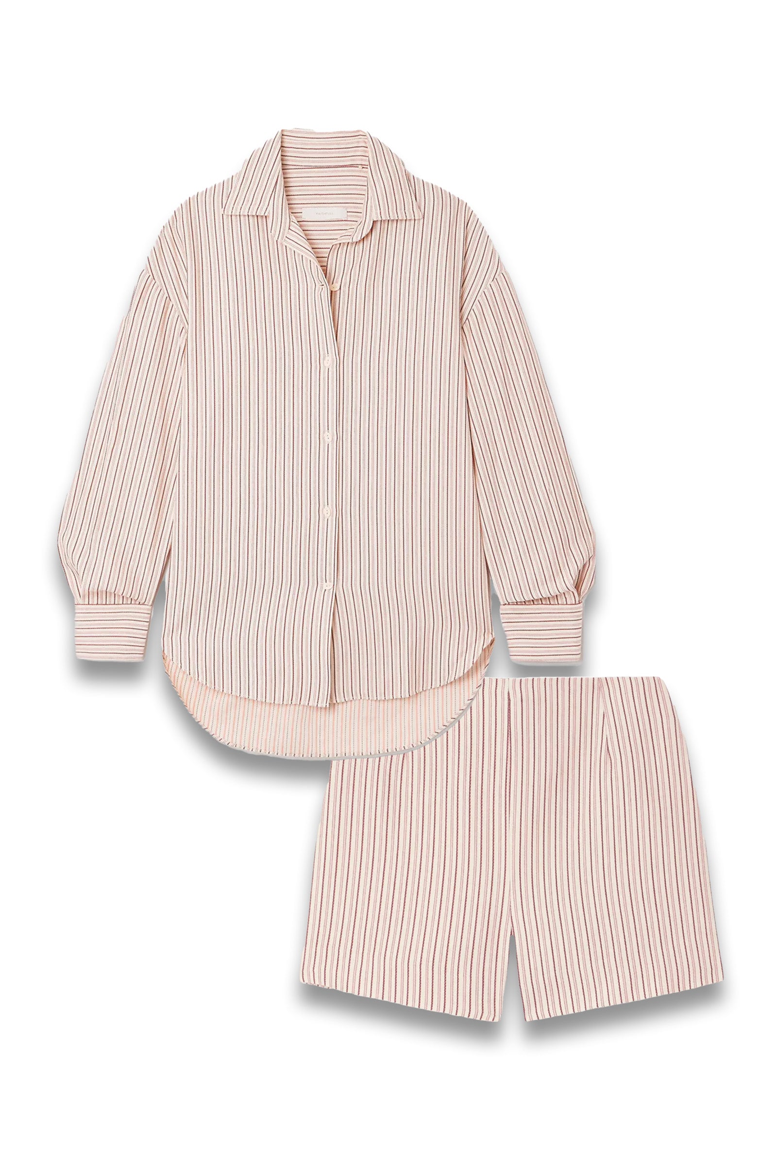 Pink striped shirt and shorts set on a white background