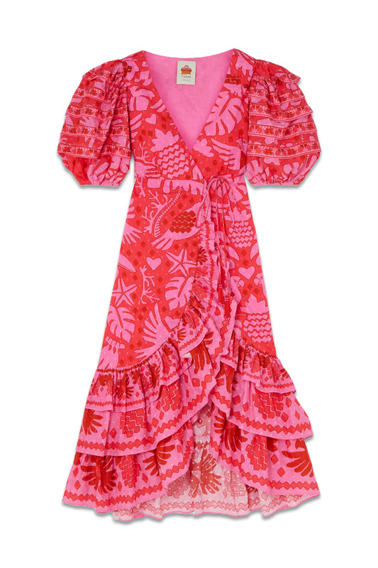 Jungle Scarf Printed Swiss-Dot Cotton Midi Wrap Dress