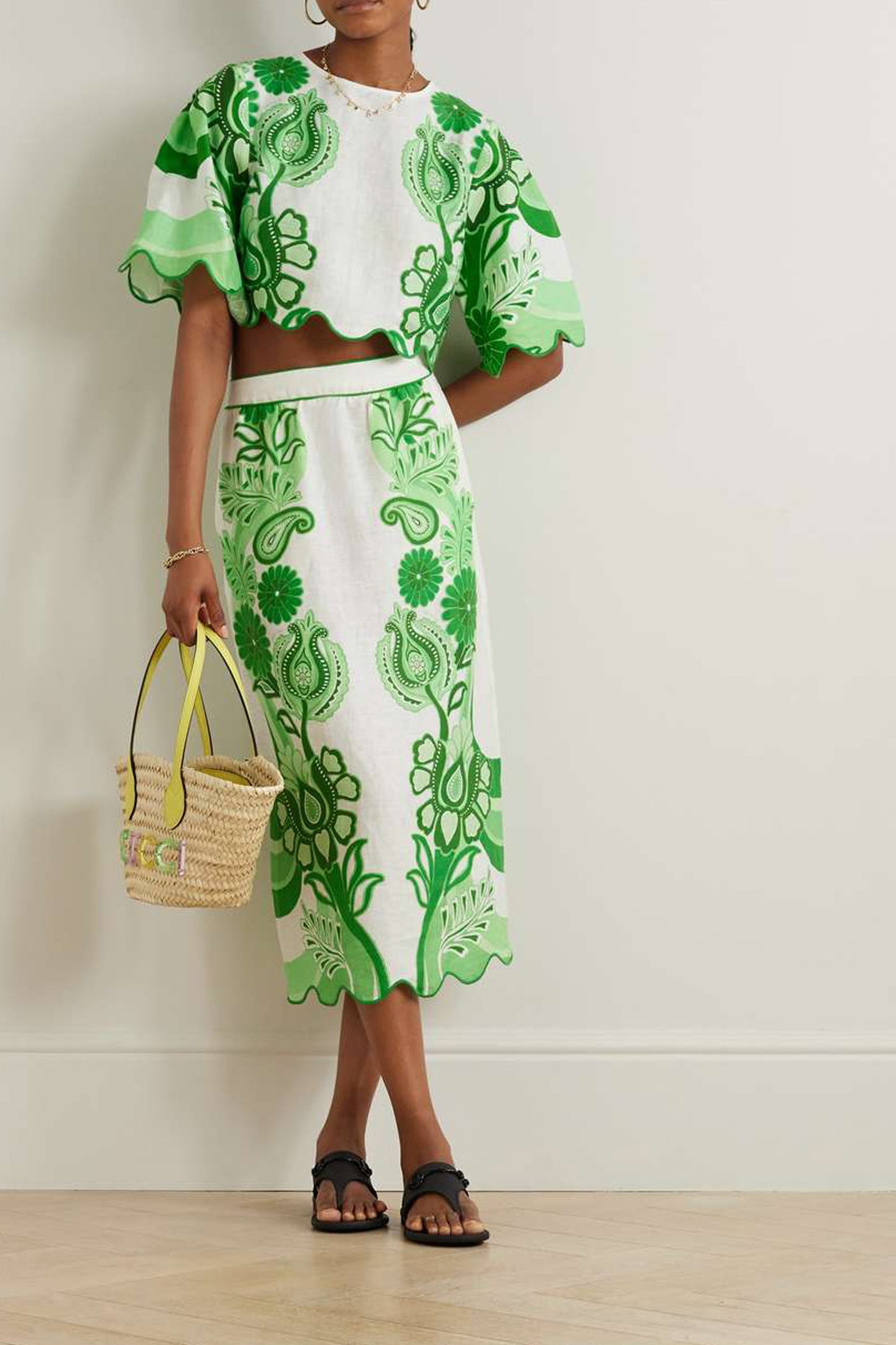 Scalloped Printed Linen Midi Skirt
