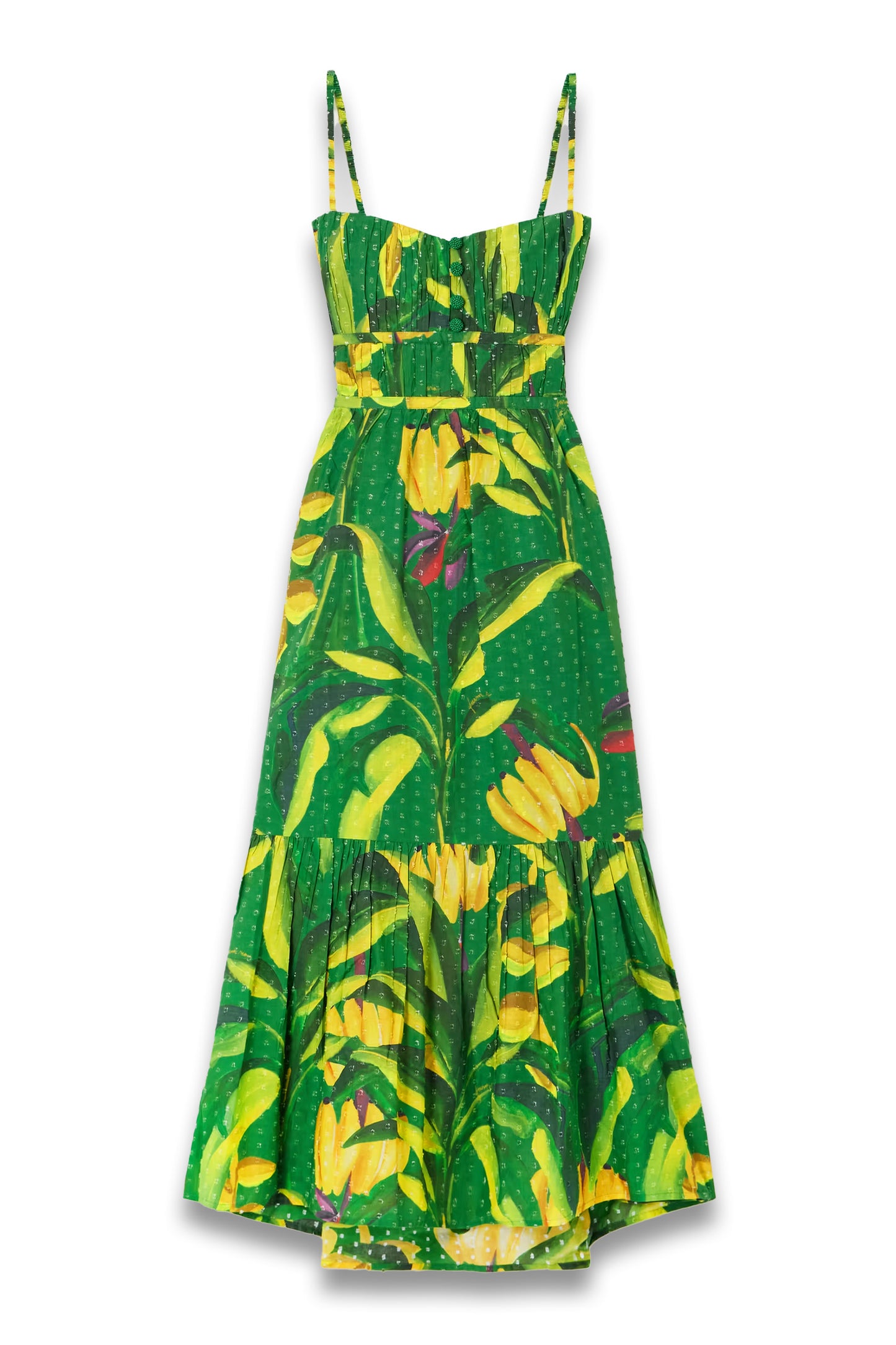 Banana Aquarela Pleated Printed Swiss-Dot Linen Midi Dress