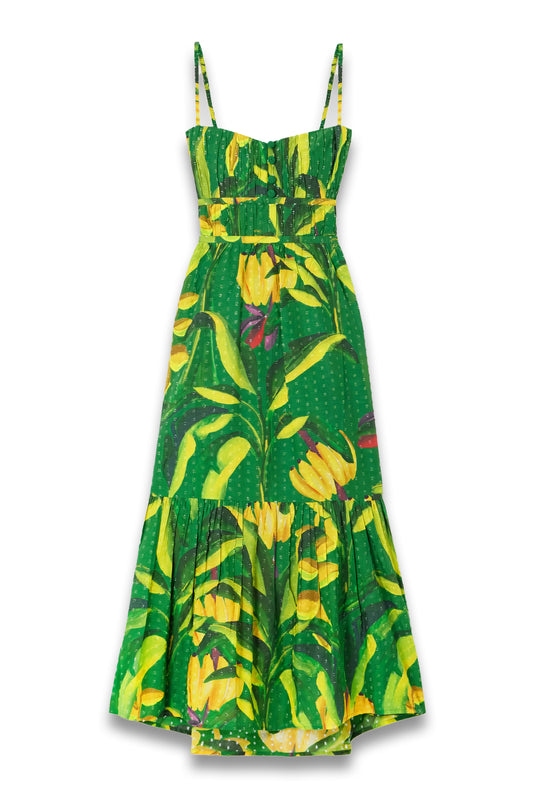 Banana Aquarela Pleated Printed Swiss-Dot Linen Midi Dress