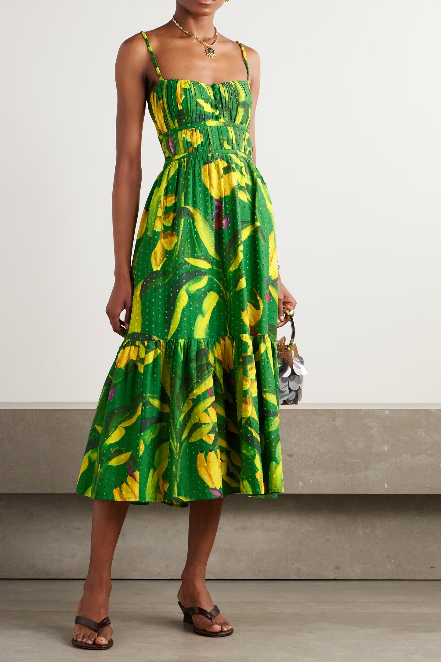 Banana Aquarela Pleated Printed Swiss-Dot Linen Midi Dress