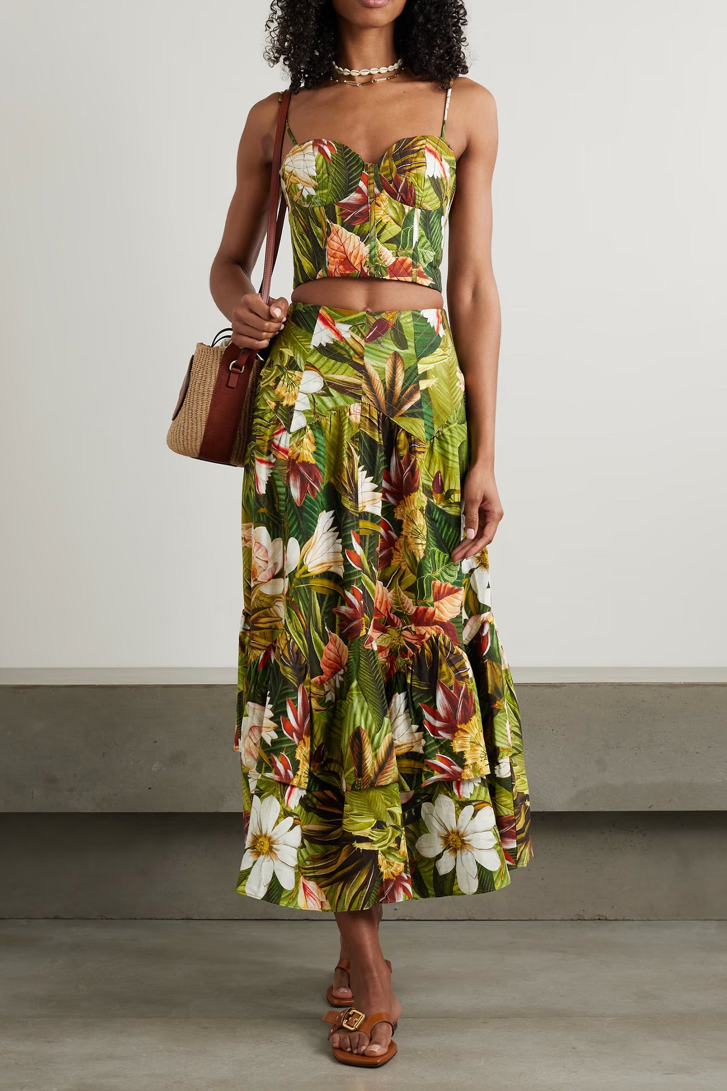 Botanical Forest Asymmetric Tiered Linen-Blend Midi Skirt