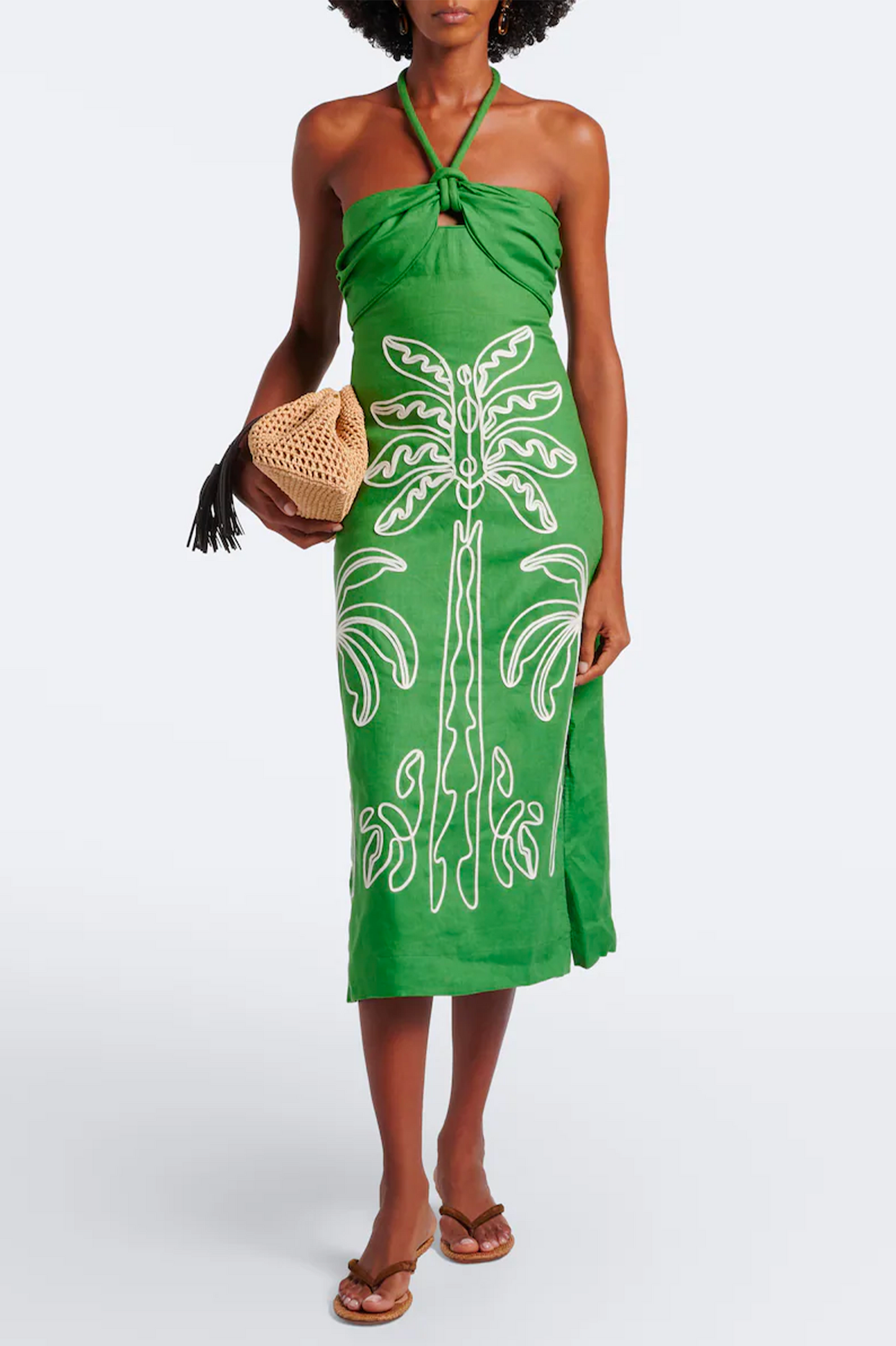 Embroidered Halterneck Linen Midi Dress