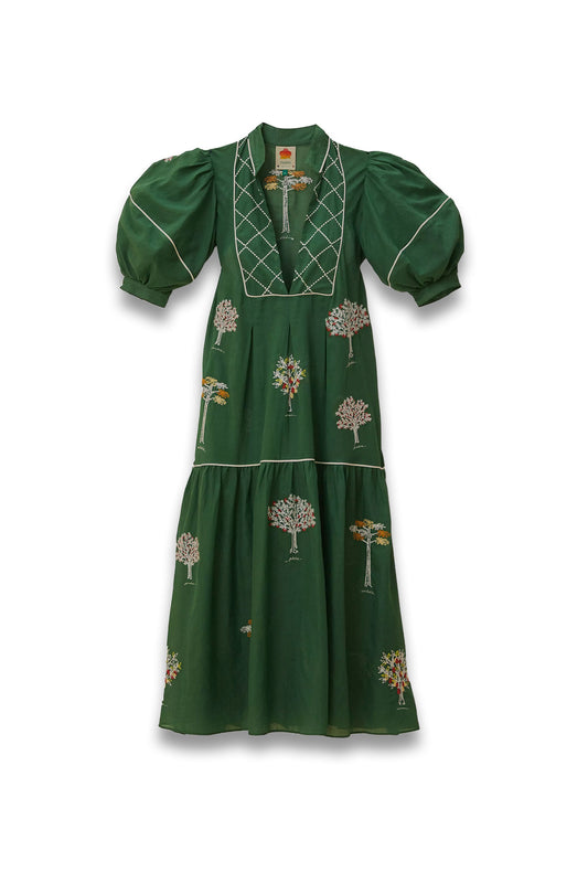 Green Embroidered Trees Midi Dress